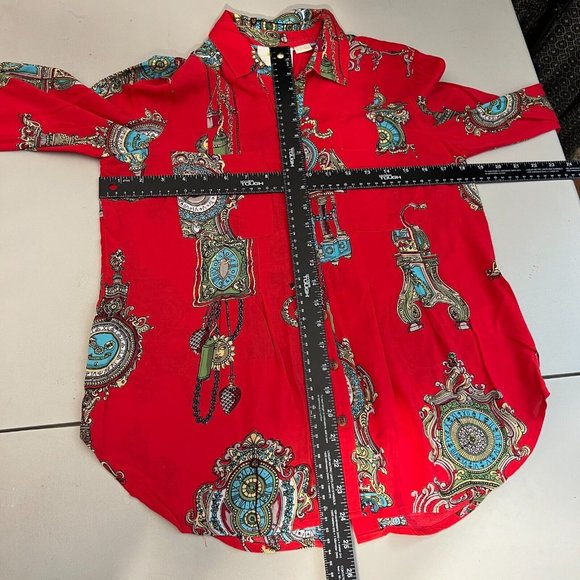 Maeve Anthropologie Shirt Women 4 Red Clock Long Sleeve Whimsy‎ Button Down Top - Picture 2 of 12